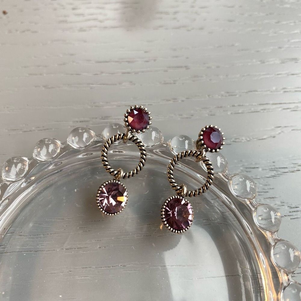 Silver Retro Inspired Purple Cubic Zirconia Drop Hoop Earrings